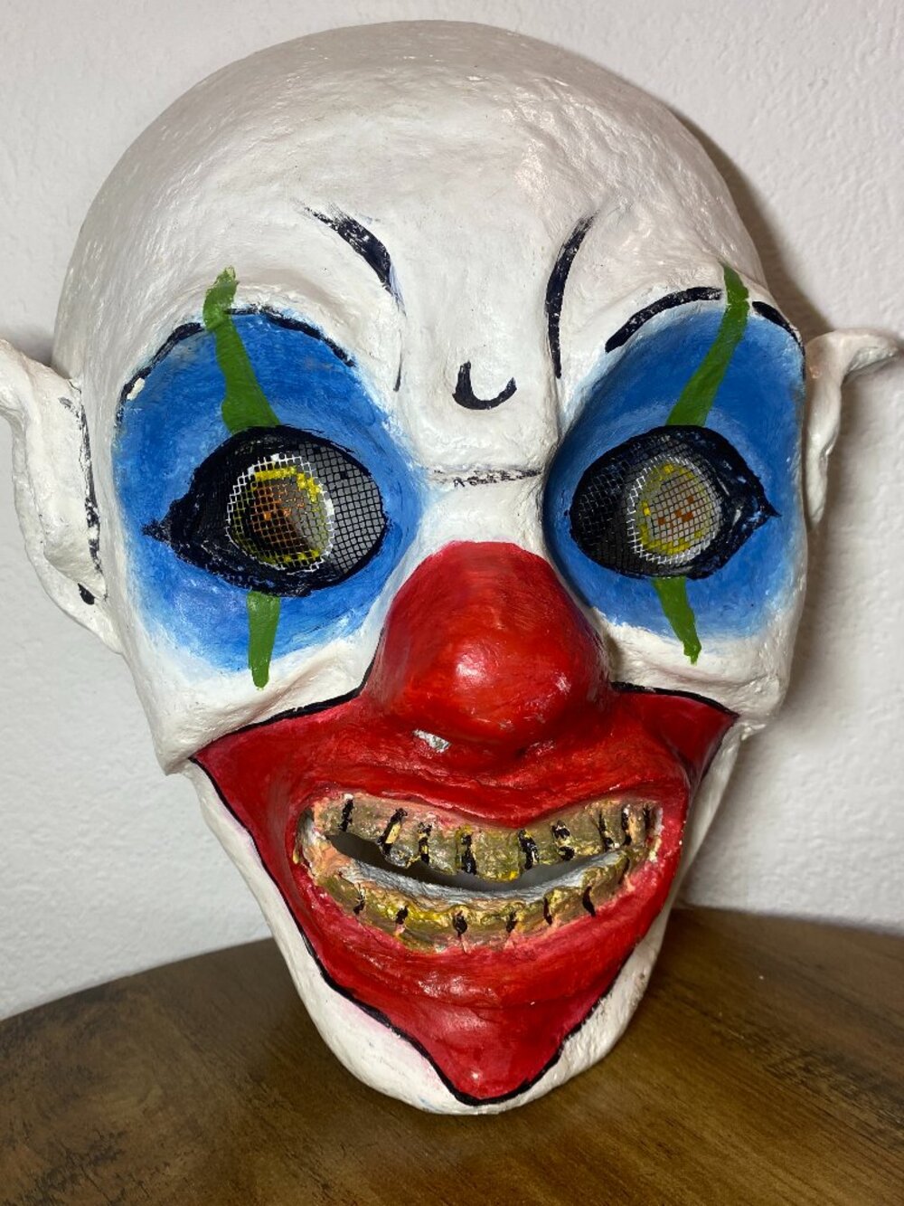 Creepy Clown Mask Paper Mache Hand Painted Horror Halloween Prop Mesh Eyes